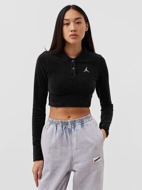 New JORDAN FLIGHT Women’s Long Sleeve Velour Crop Top Black Size XS